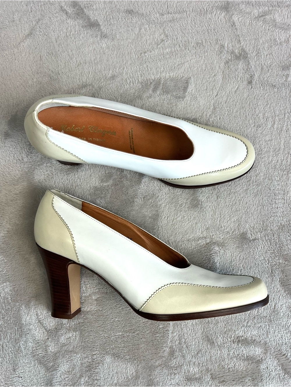 Robert Clergerie France White Leather Brogue Pumps Chunky Block Heel 5.5